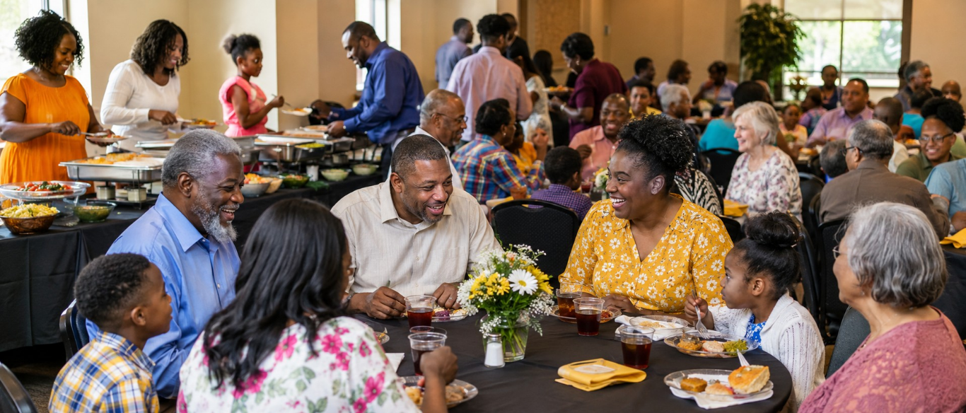 Church members sharing a meal and conversation at fellowship lunch.