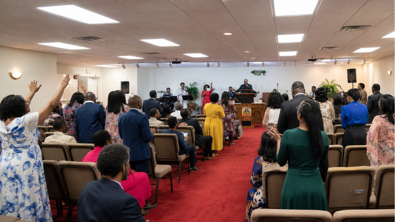 Congregation worshiping during Divine Worship at New Joy Fellowship.