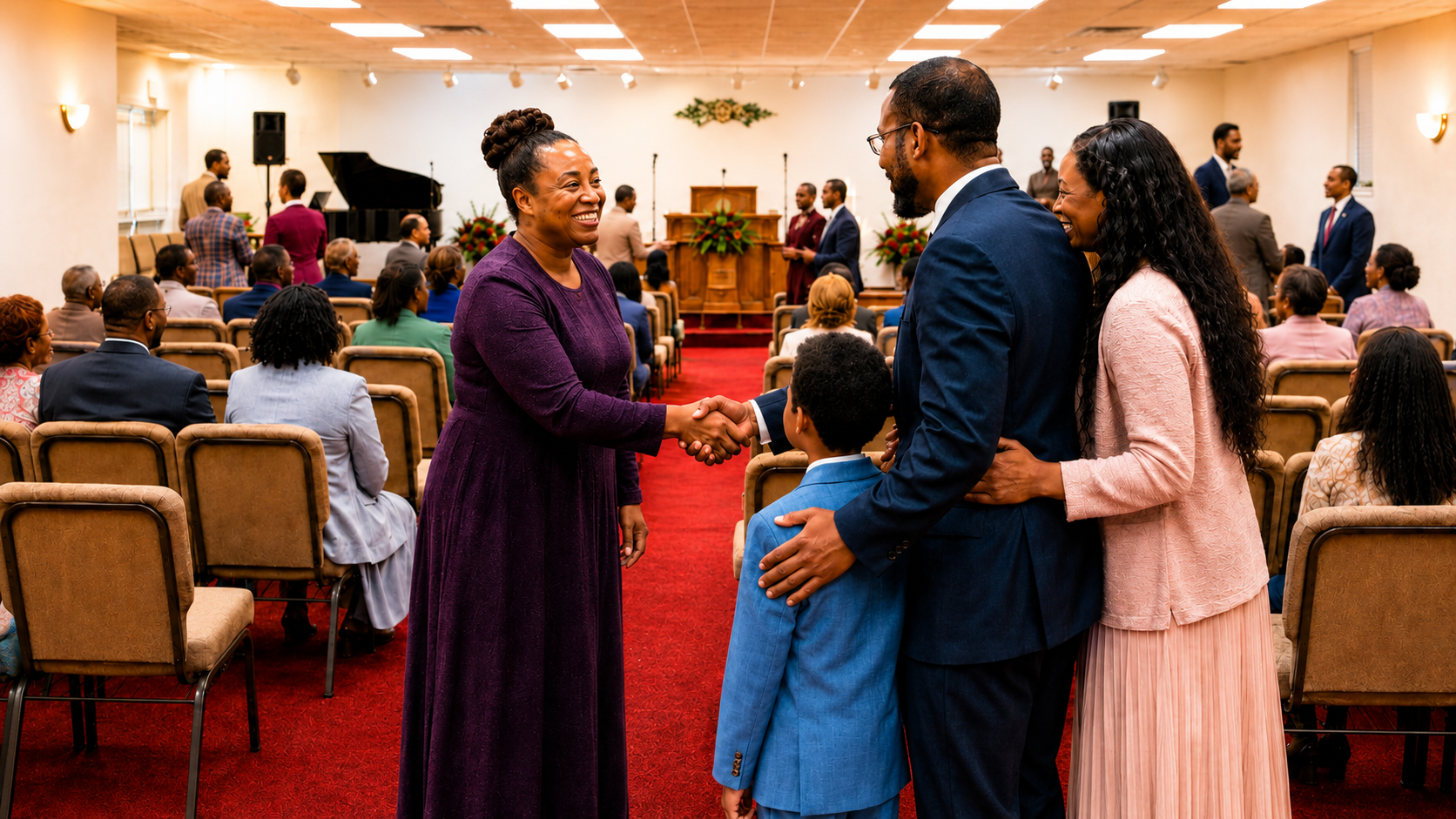 A New Joy Fellowship member welcoming a family in the sanctuary.
