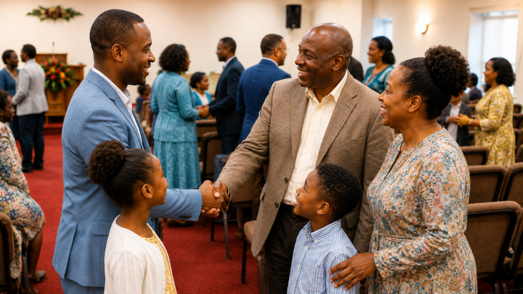 Church members greeting a family after worship at New Joy Fellowship.