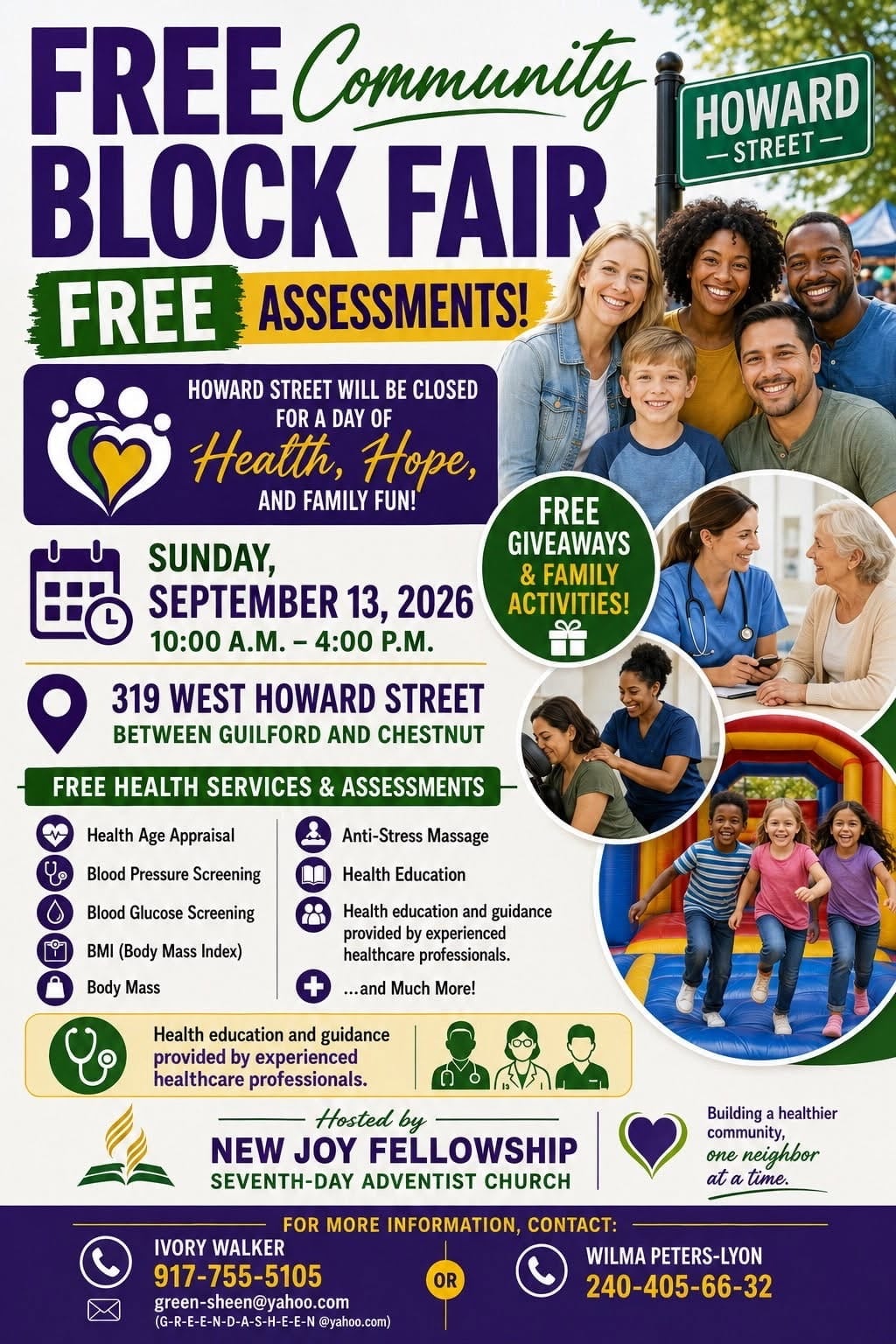 Community members participating in free health screenings and wellness activities at New Joy Fellowship’s Community Health Fair.