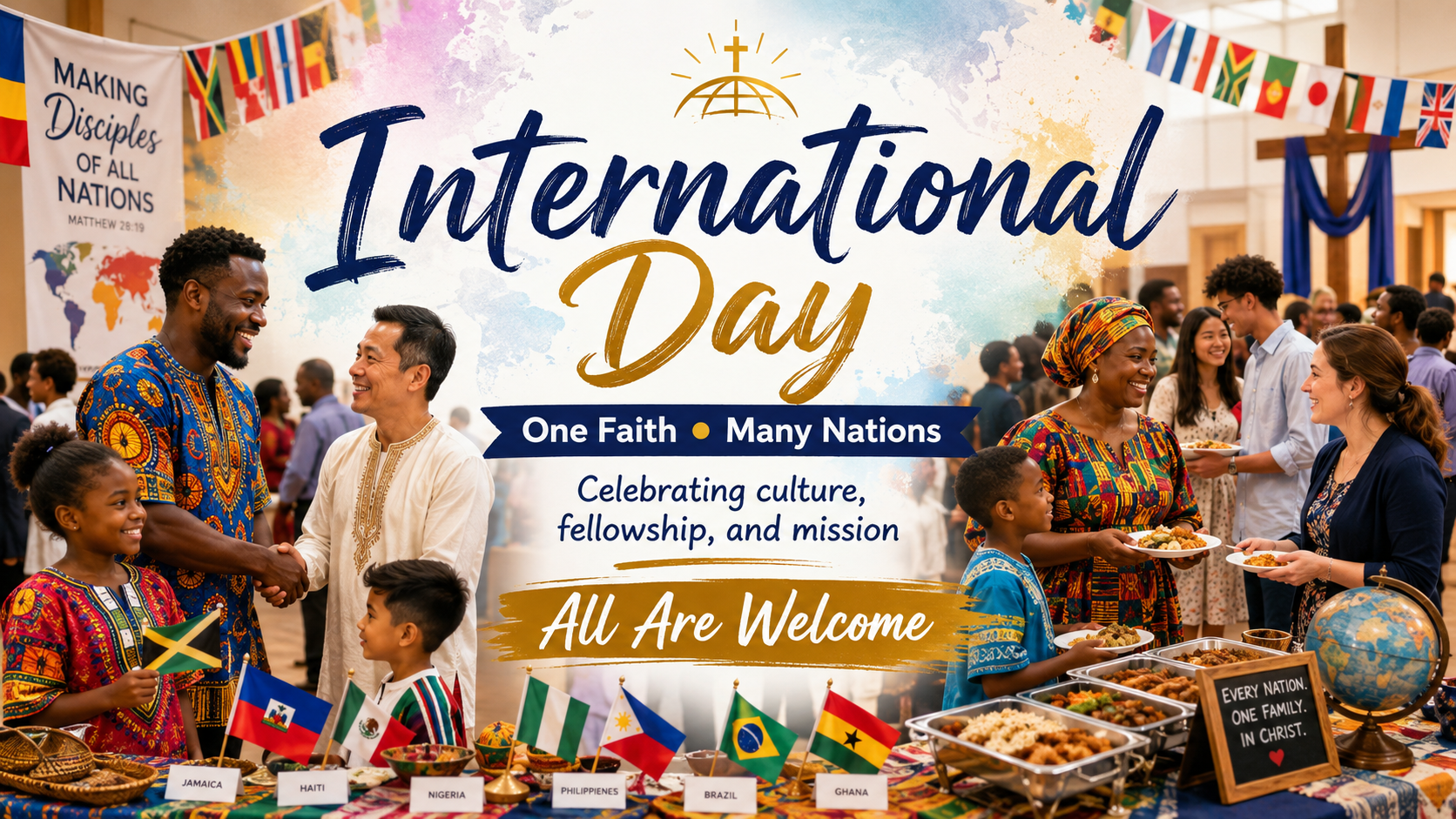 Church members in colorful cultural attire celebrating International Day.