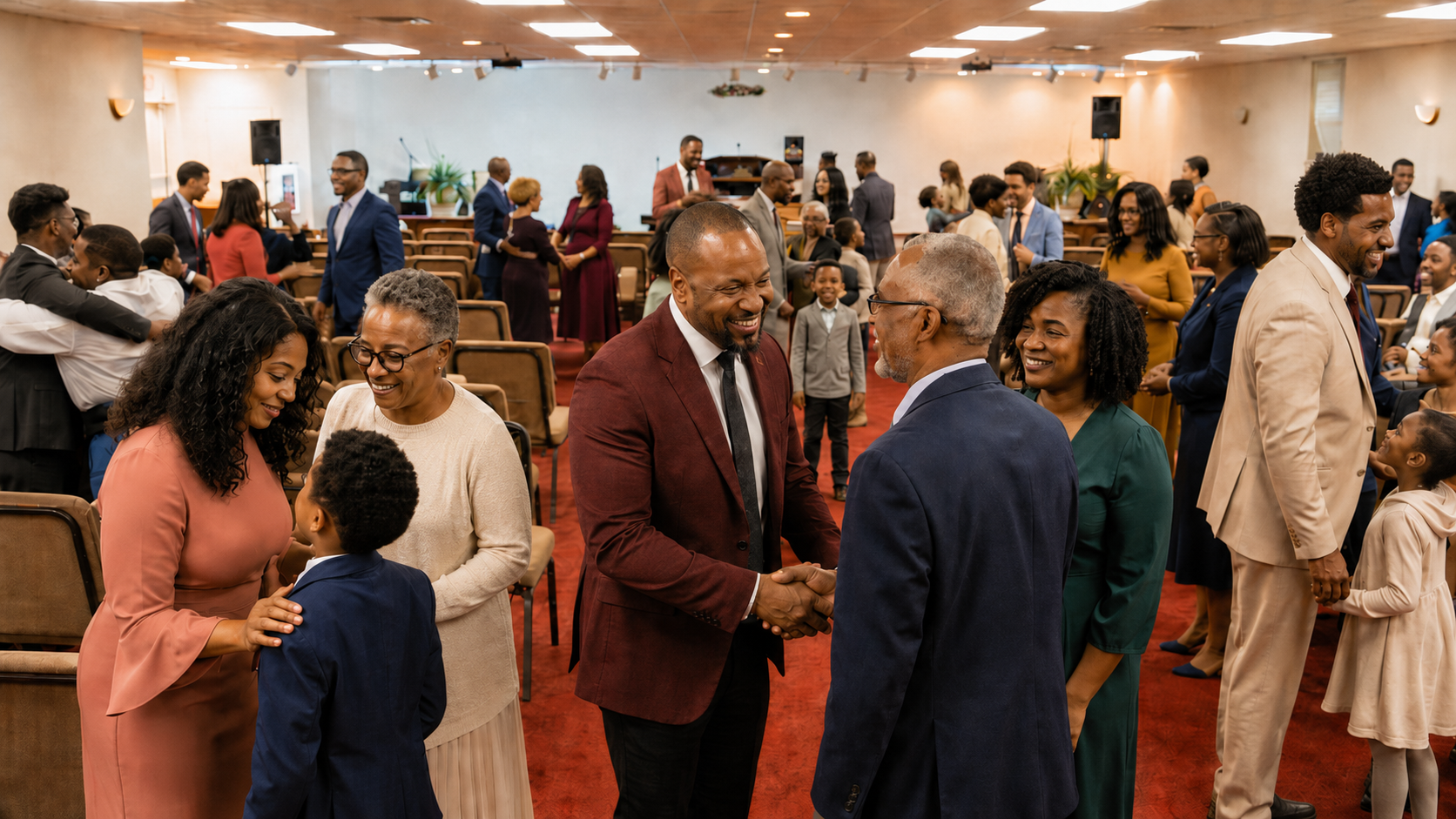 New Joy Fellowship members greeting and fellowshipping after worship.
