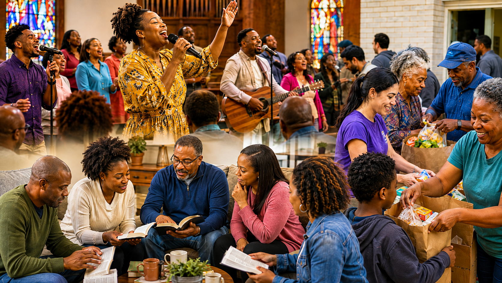 New Joy Fellowship members worshiping, studying the Bible, and serving the community.
