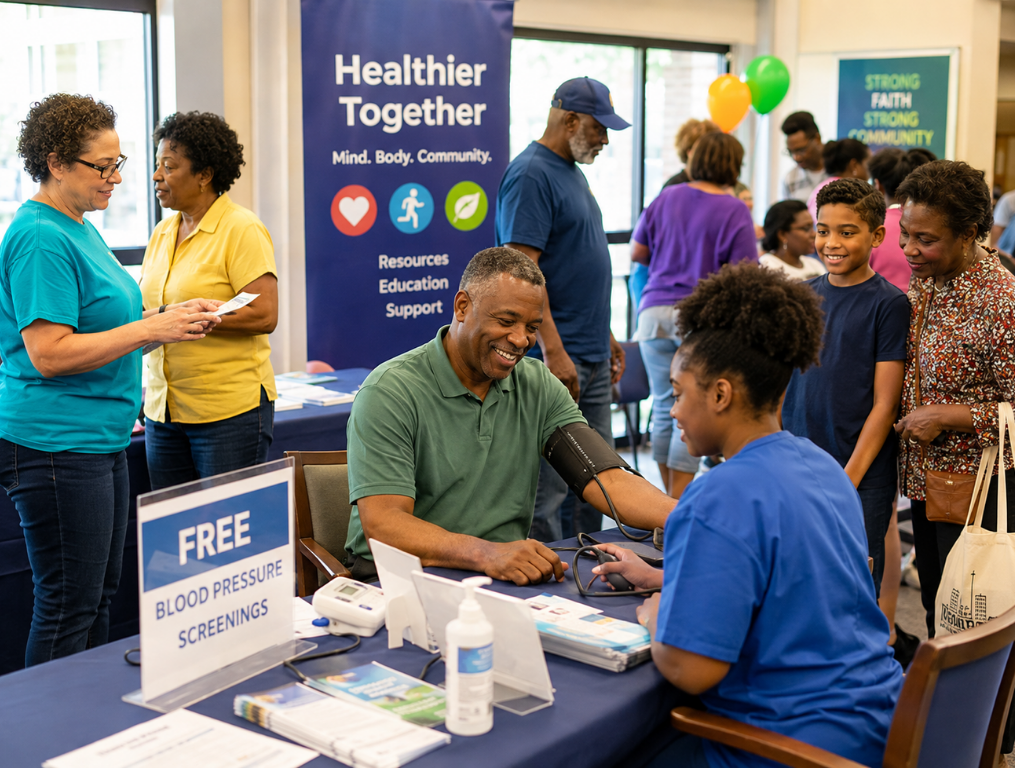 Community members participating in health education and wellness activities.