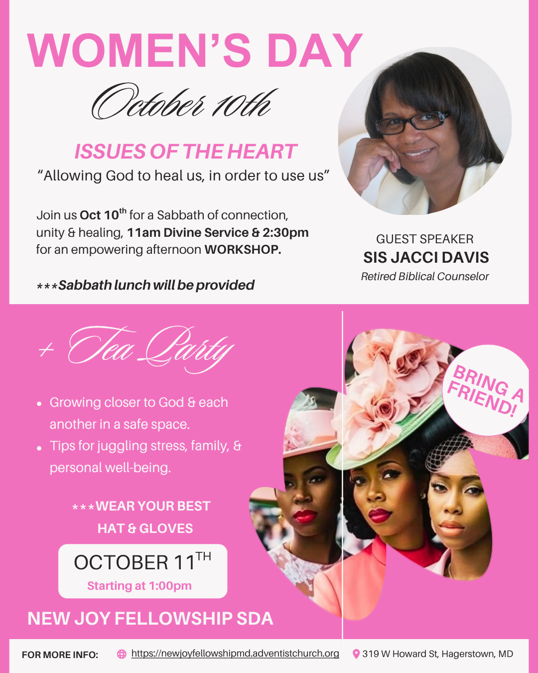 Flyer for New Joy Fellowship SDA Church Women’s Day and Tea Party, October 10–11, 2026. Women’s Day, themed “Issues of the Heart: Allowing God to heal us, in order to use us,” features guest speaker Sis. Jacci Davis, retired biblical counselor, with Divine Service at 11:00 a.m., an afternoon workshop at 2:30 p.m., and Sabbath lunch provided. The Tea Party begins October 11 at 1:00 p.m., with guests encouraged to bring a friend and wear their best hat and gloves.