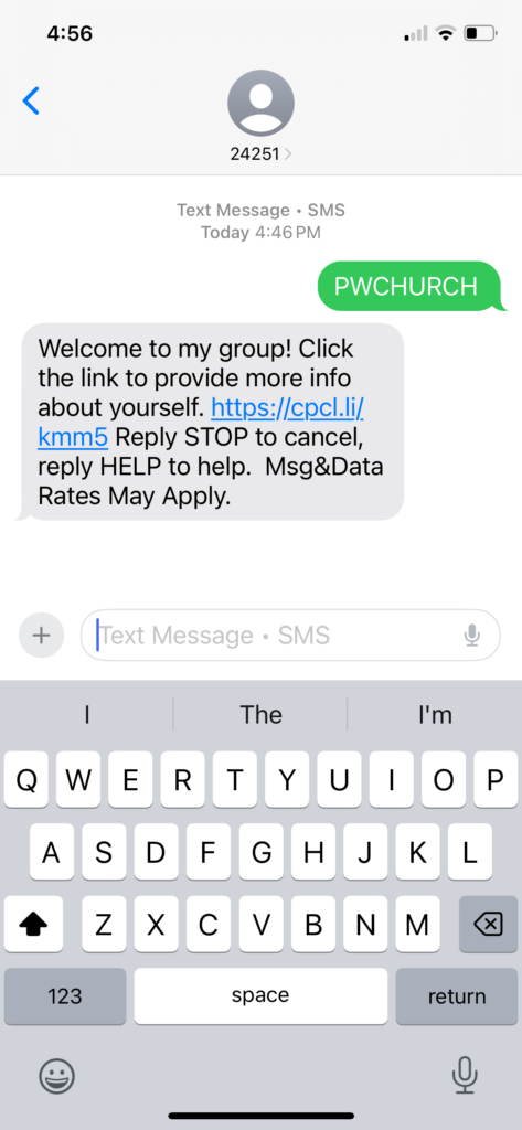 Confirmation of joining the group with link to registration form