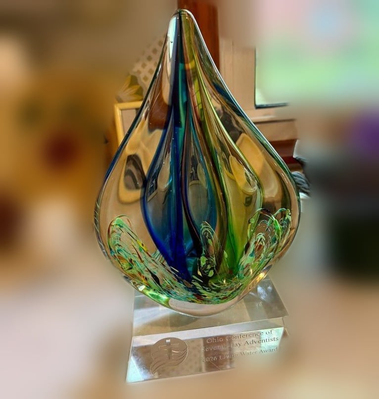 The 2026 Ohio Conference Living Water Award, a sculpted glass trophy
