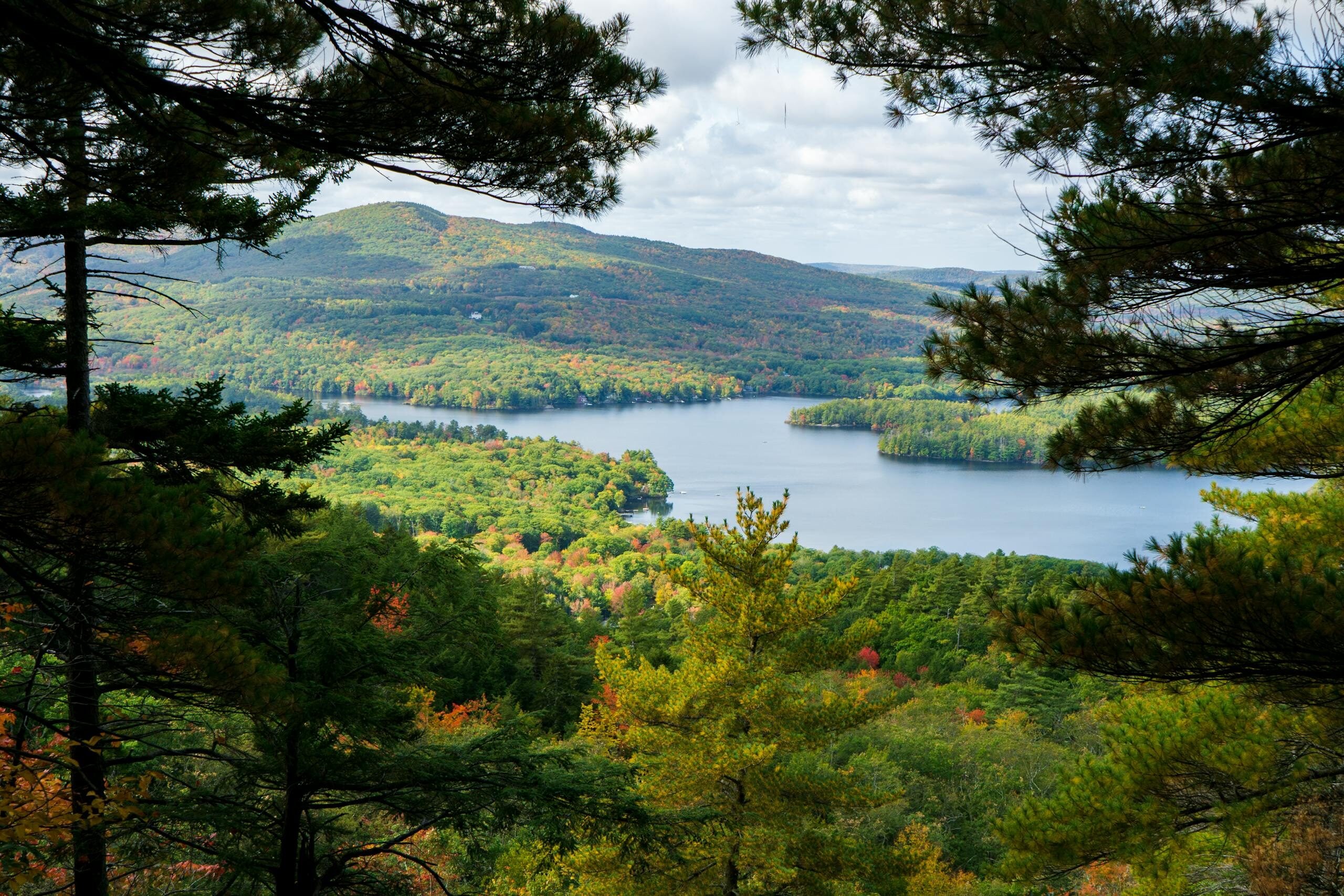 Aerial view of a tranquil lake surrounded by lush forests during autumn, capturing vibrant colors.