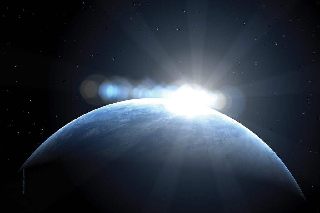A sunrise over the Earth as seen from space. Earth texture map courtesy of NASA's Visible Earth Project.