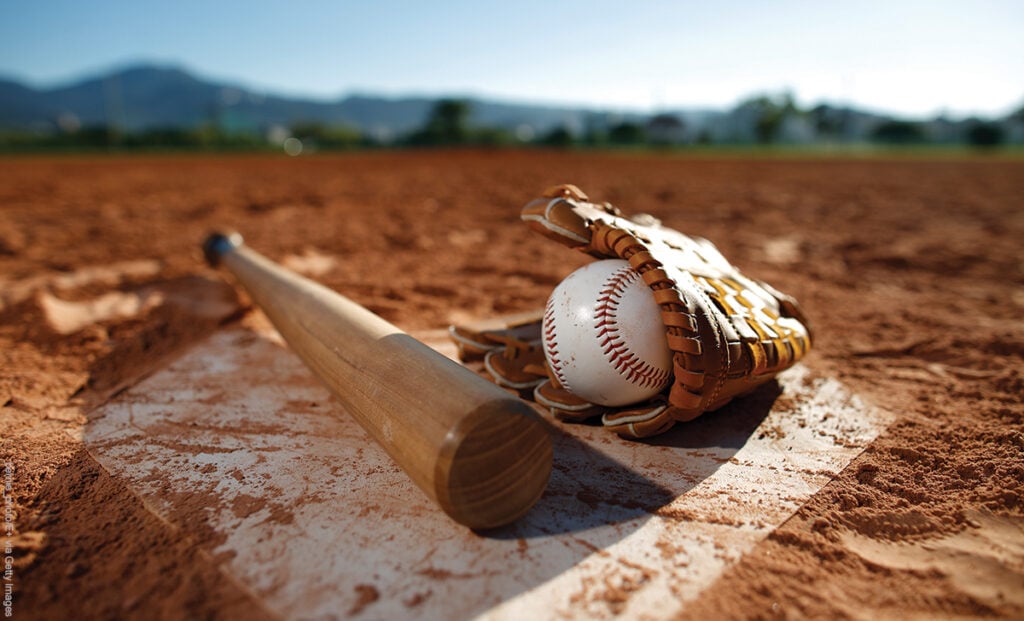 Baseball and glove Bat at Home Plate