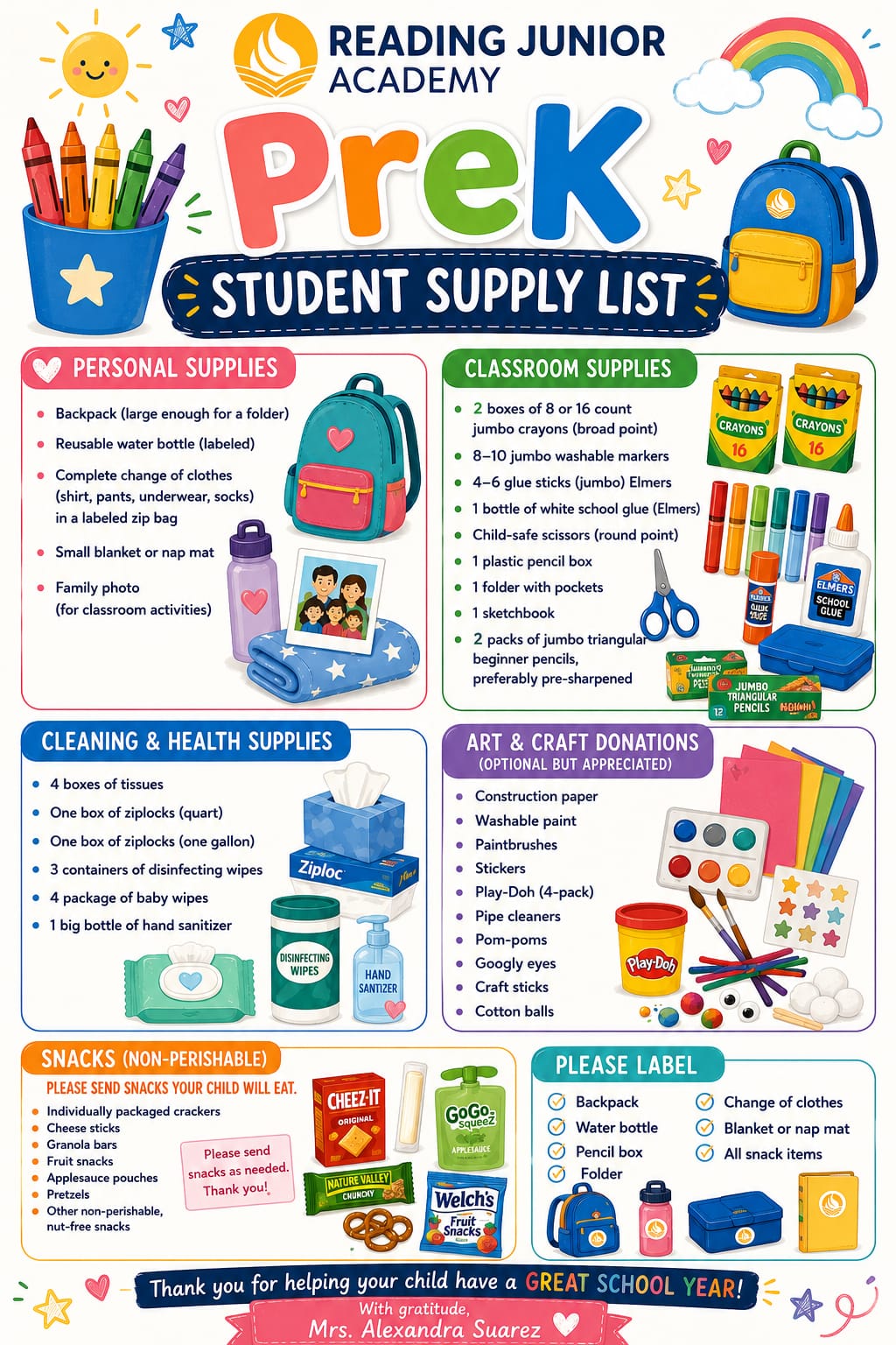 Reading Junior Academy Pre-K student supply list for the 2026-2027 school year