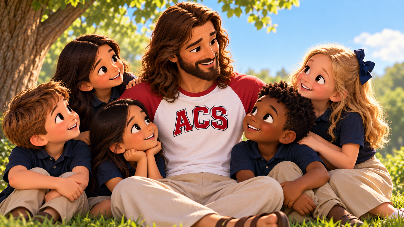Jesus with children representing Christ at the center of Alpine Christian School