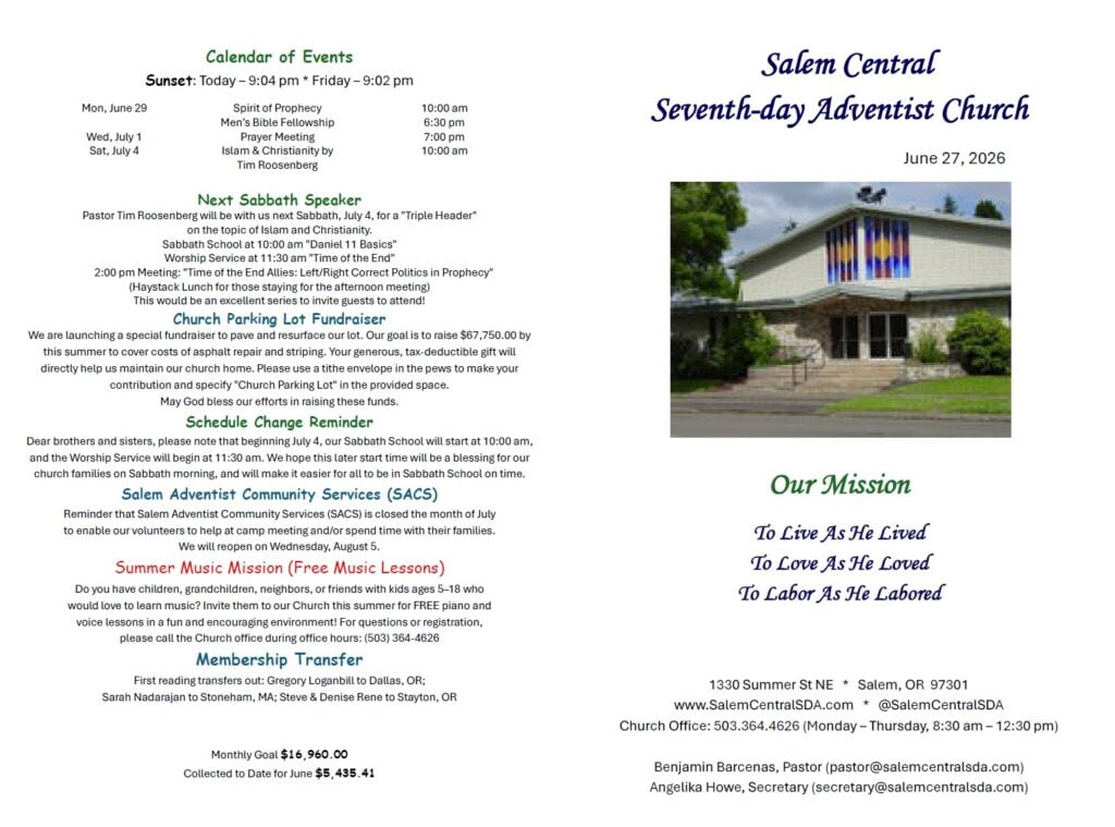 SDA Church Bulletin Page 1 06.27.26