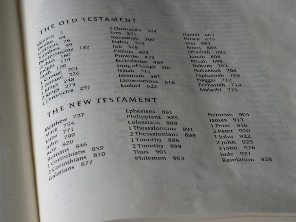 A table of contents for the old and new testaments.