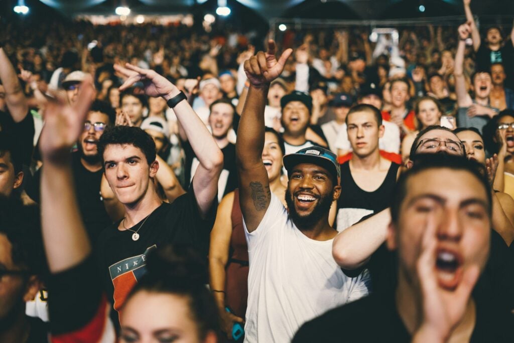 excited crowd cheering at concert or event