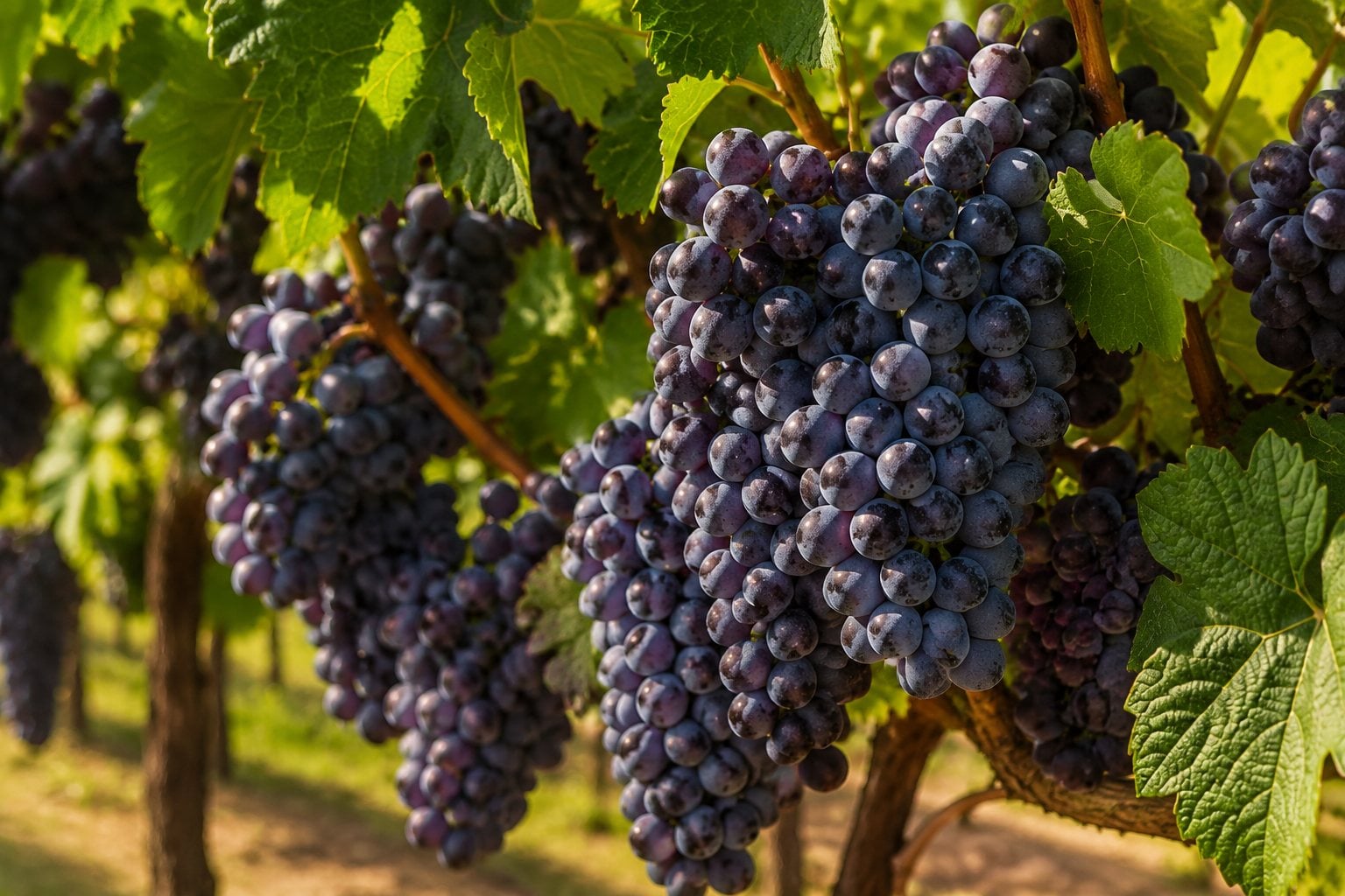 Clusters of dark ripe grapes hanging on the vine in golden afternoon light