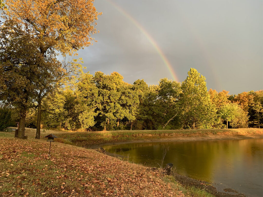 Pond with autumn trees and a double rainbow arching into the wooded area