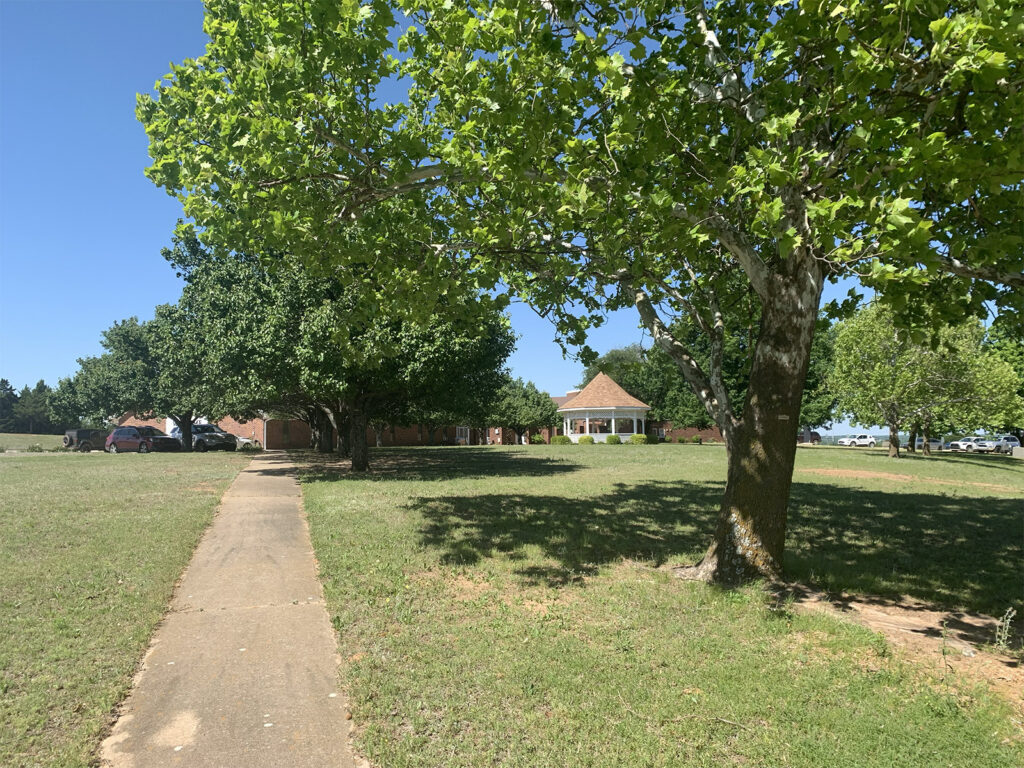 Tree-lined sidewalk leading toward a gazebo surrounded by green lawns and mature trees.
