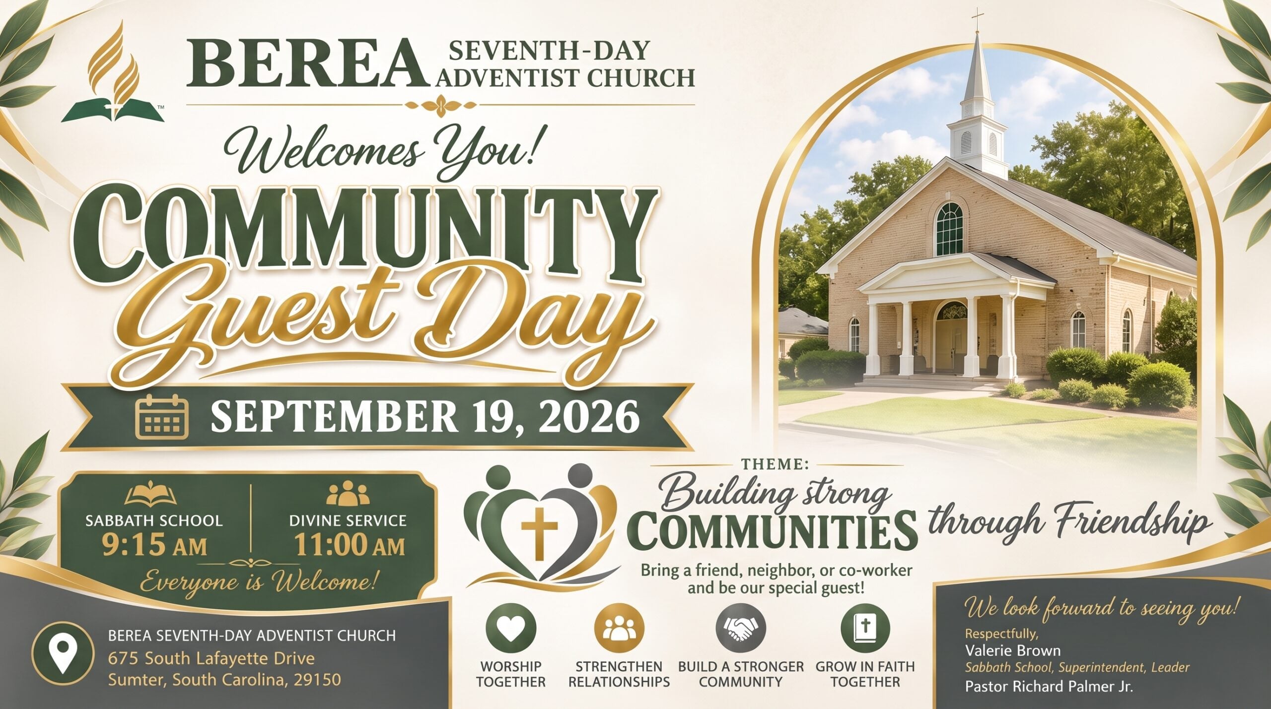 Promotional flyer for Community Guest Day at Berea Seventh-Day Adventist Church on September 19, 2026, featuring event times, location, and the theme "Building strong Communities through Friendship.