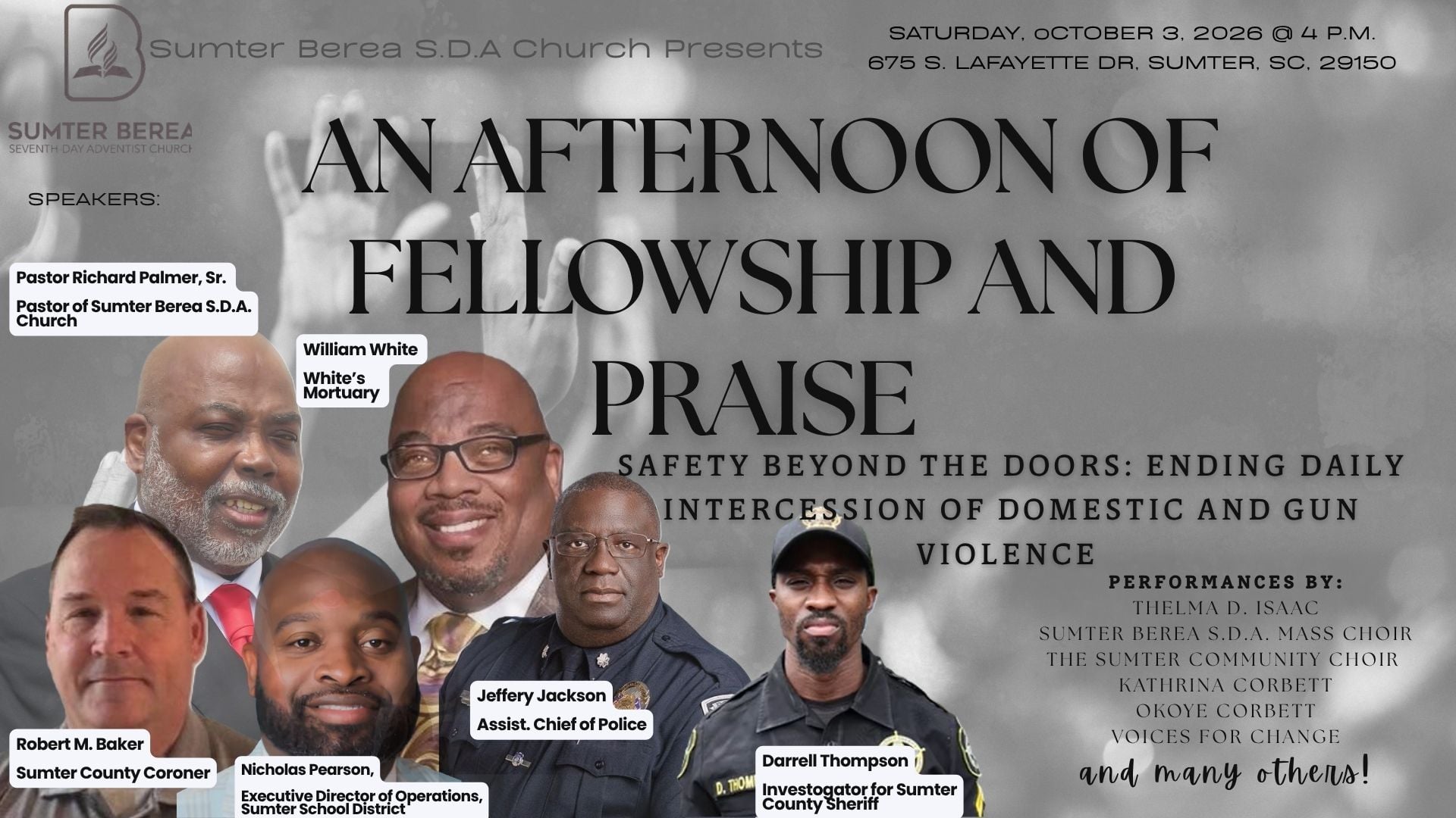 Flyer for Sumter Berea S.D.A. Church’s event “An Afternoon of Fellowship and Praise,” themed “Safety Beyond the Doors.” It shows six featured speakers from local church, law enforcement, education, and community services, plus listed musical performers. Event is on Saturday, October 3, 2026 at 4 PM at 675 S. Lafayette Dr., Sumter, SC.