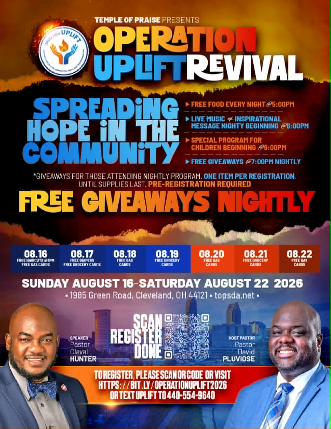 Flyer for Operation UPLIFT Revival in Cleveland at Temple of Praise SDA Church, August 16 to 22