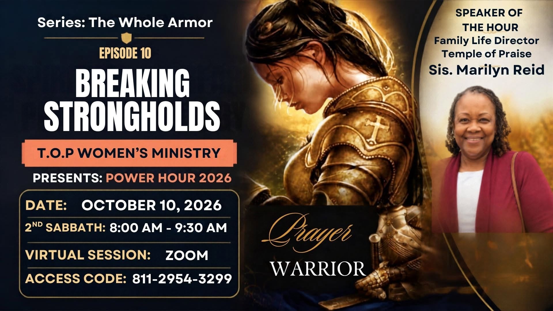Breaking Strongholds, Power Hour 2026 from T.O.P Women’s Ministry, Saturday October 10, 2026, 8:00 to 9:30 AM on Zoom, with speaker Sis. Marilyn Reid