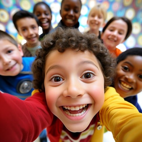 A group of smiling children crowding close to the camera