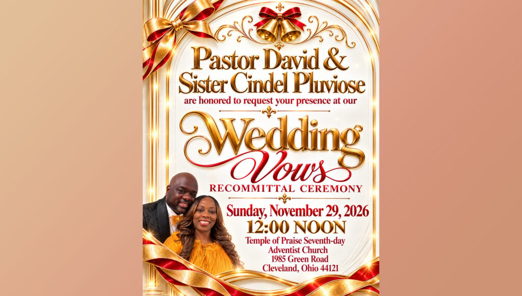 Gold and white invitation to the Wedding Vows Recommittal Ceremony of Pastor David and Sister Cindel Pluviose on Sunday, November 29, 2026 at 12:00 noon at Temple of Praise, with a photo of the smiling couple