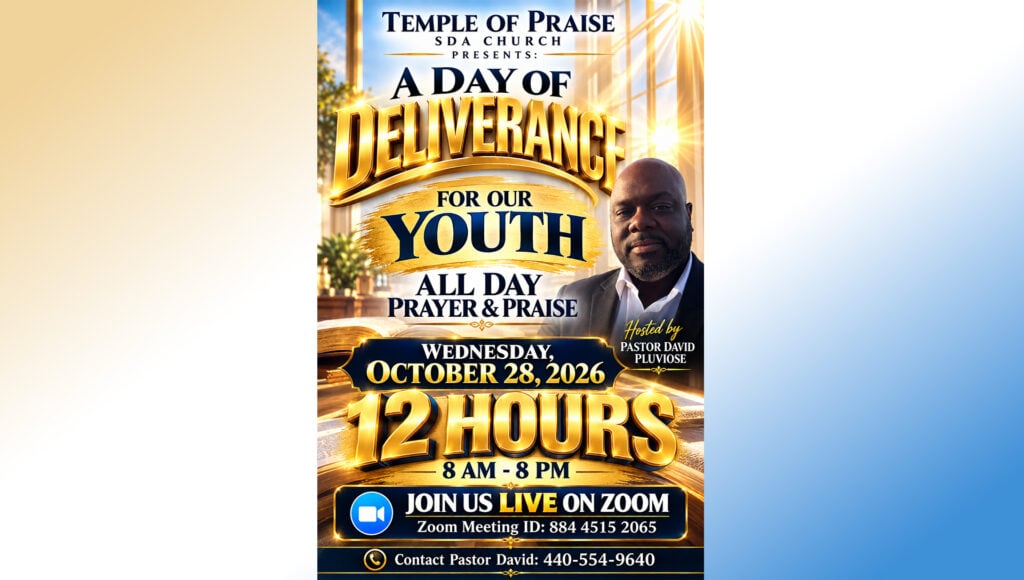 Gold and blue flyer for A Day of Deliverance for Our Youth, an all day prayer and praise on Wednesday, October 28, 2026, 12 hours from 8 AM to 8 PM live on Zoom, hosted by Pastor David Pluviose