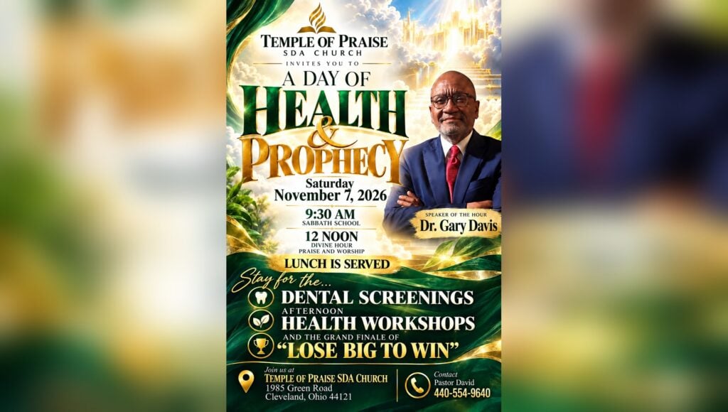 Green and gold flyer for A Day of Health and Prophecy on Saturday, November 7, 2026, with speaker Dr. Gary Davis, dental screenings, health workshops and the Lose Big to Win finale, against clouds and a golden stairway