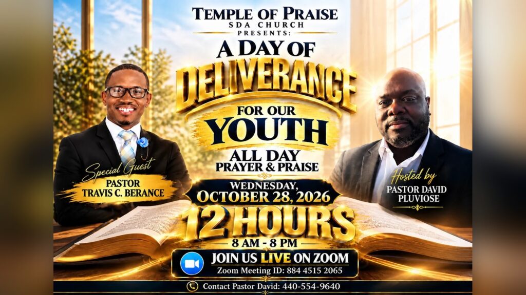 Gold and blue flyer for A Day of Deliverance for Our Youth, 12 hours of all day prayer and praise on Wednesday, October 28, 2026 from 8 AM to 8 PM live on Zoom, with special guest Pastor Travis C. Berance and host Pastor David Pluviose