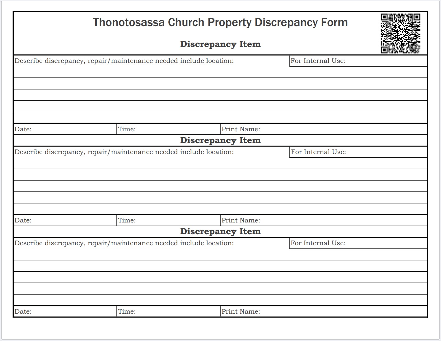 Discrepancy Form Layout THONOTOSASSA CHURCH Building Committee forms and records – Thonotosassa ...