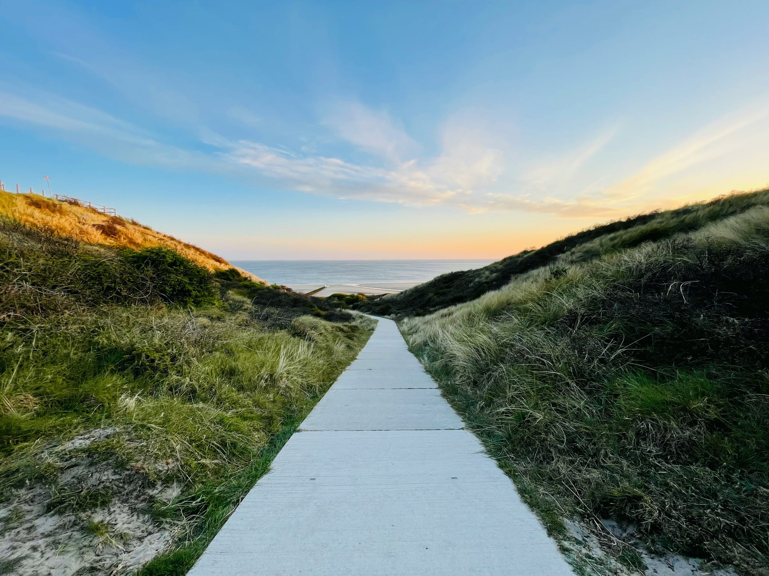 gray concrete pathway between green grass field under blue sky during daytime