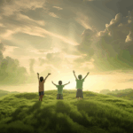 ai generated, christianity, kids, sunset, resurrection, prayer, end days, last days, nature, revelation, believers, group of believers, prayer group, children, hills
