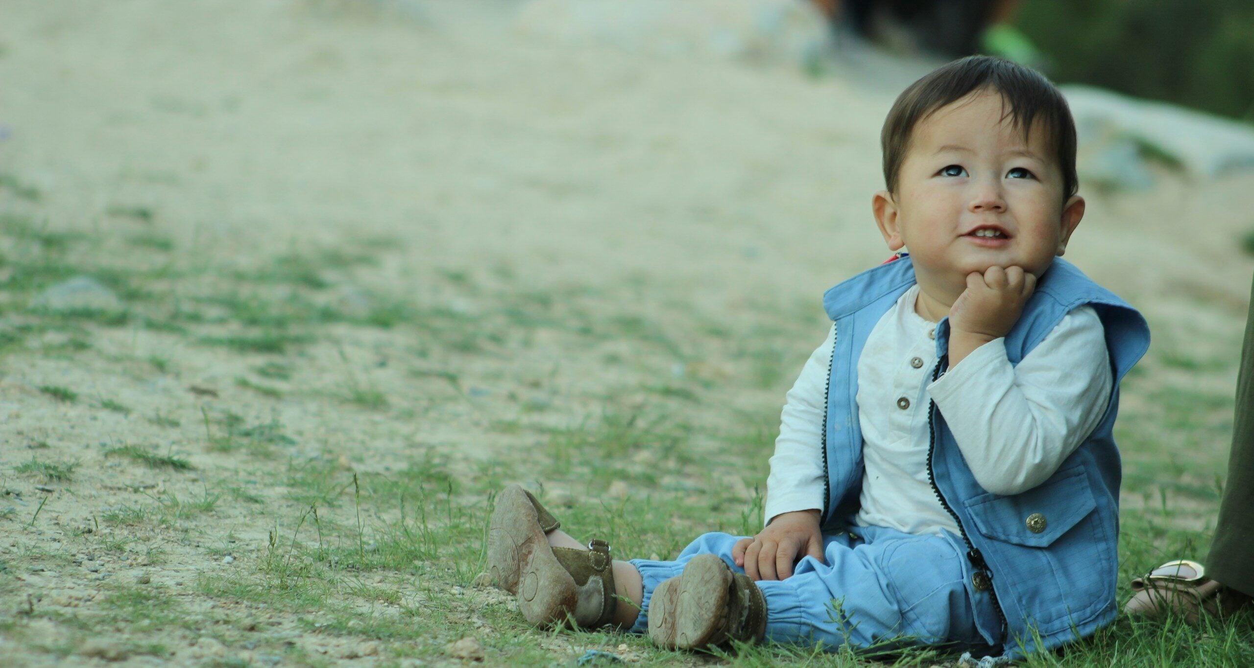 a little boy sitting on the ground in the grass