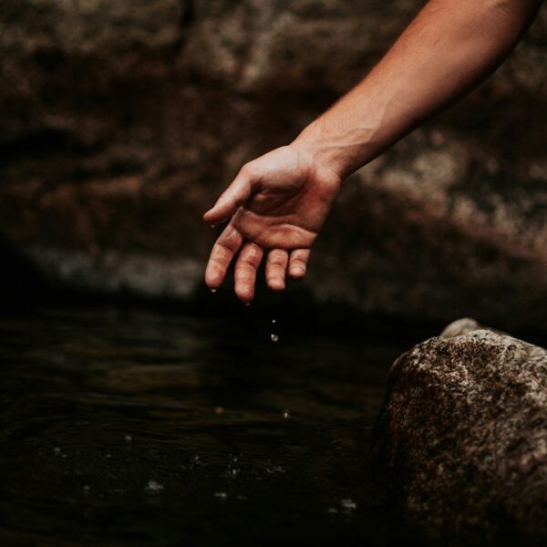 a person's hand touching a rock in the water