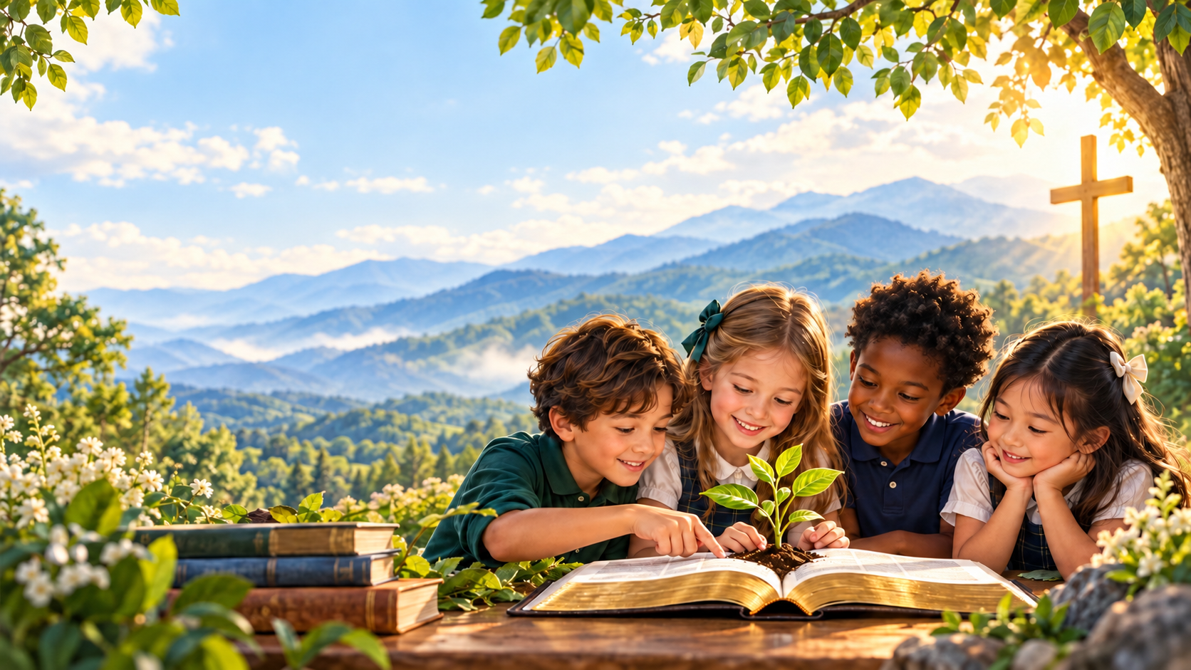 Children gathered around an open Bible and a growing plant in a mountain setting.